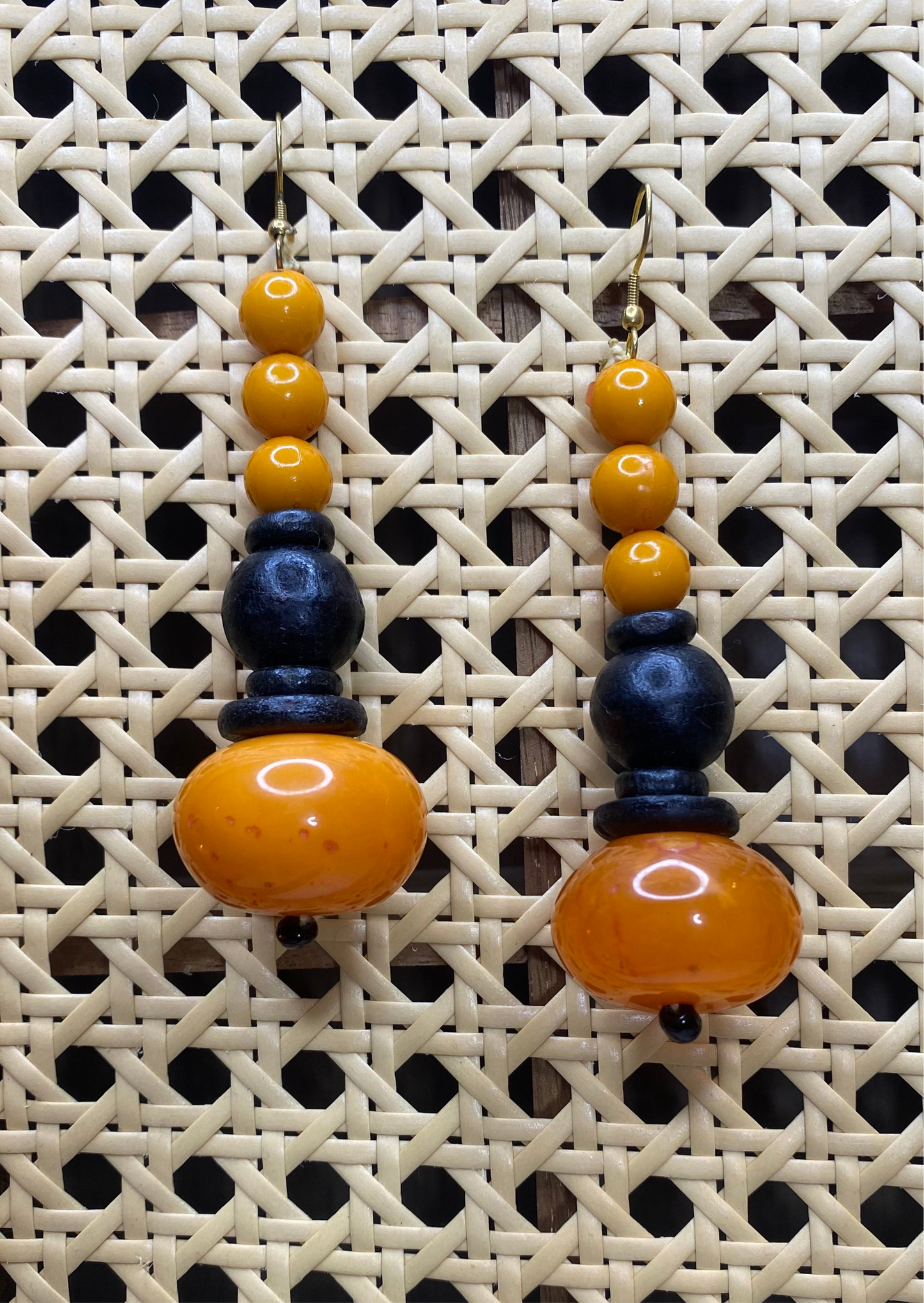 Beaded Wood and Resin Earring in Burnt Orange