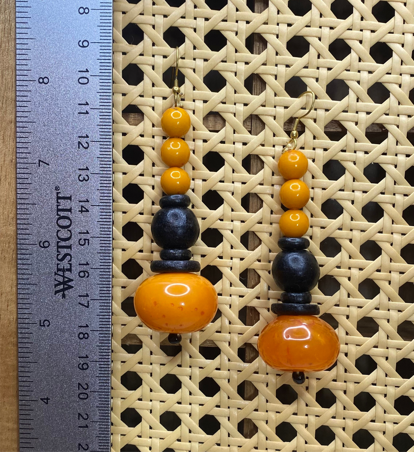 Beaded Wood and Resin Earring in Burnt Orange