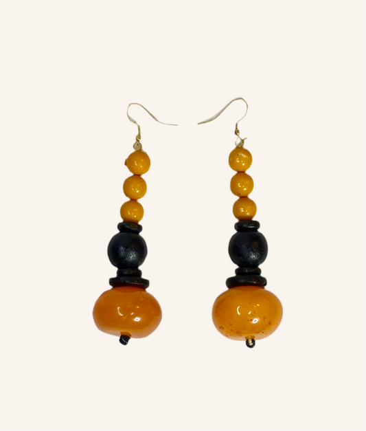 Beaded Wood and Resin Earring in Burnt Orange