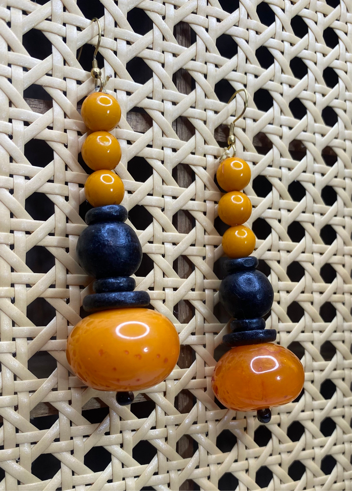 Beaded Wood and Resin Earring in Burnt Orange