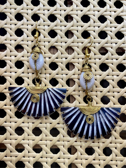Elegant Hand Carved Fan Earring With Cowry Shell Accent