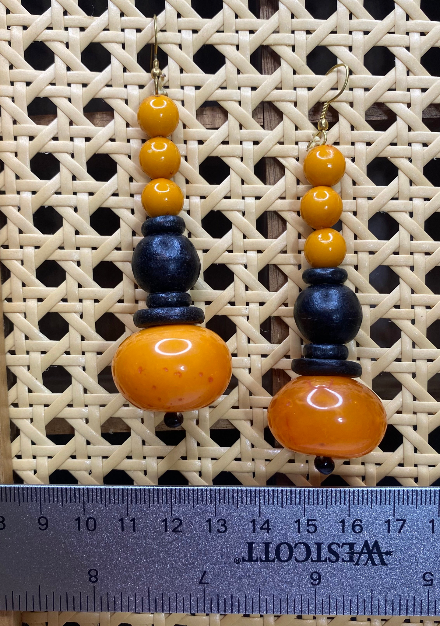 Beaded Wood and Resin Earring in Burnt Orange